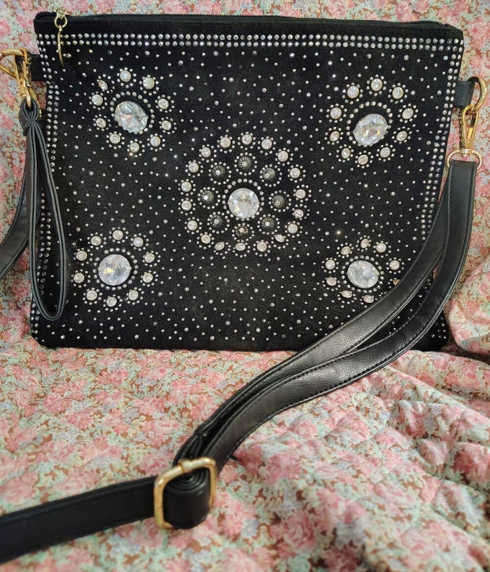 Black Rhinestones Woven Faux Leather Crossbody Clutch Bag